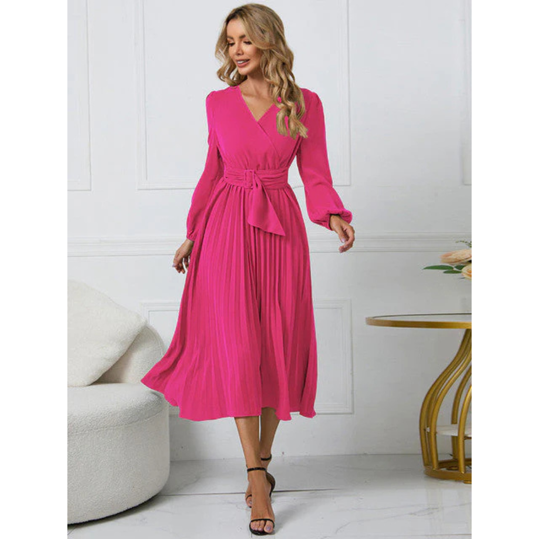 Damen Faltenrock Gürtel Taille V-Ausschnitt Kleid | Midi