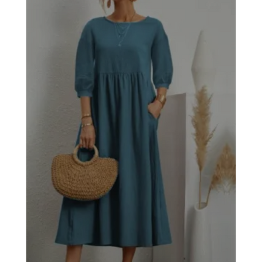 Damenkleid Mit 3/4 Ärmeln Und Rundhalsausschnitt | Midi