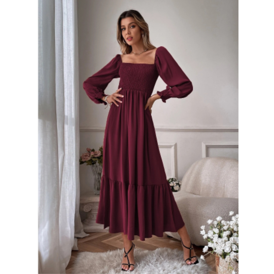 Freizeitliches Kleid Mit Puffärmeln Für Damen | Midi