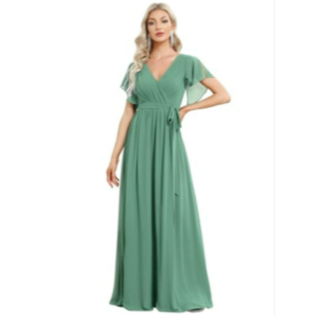 Damen V-Ausschnitt Flatterärmel Kleid | Maxi