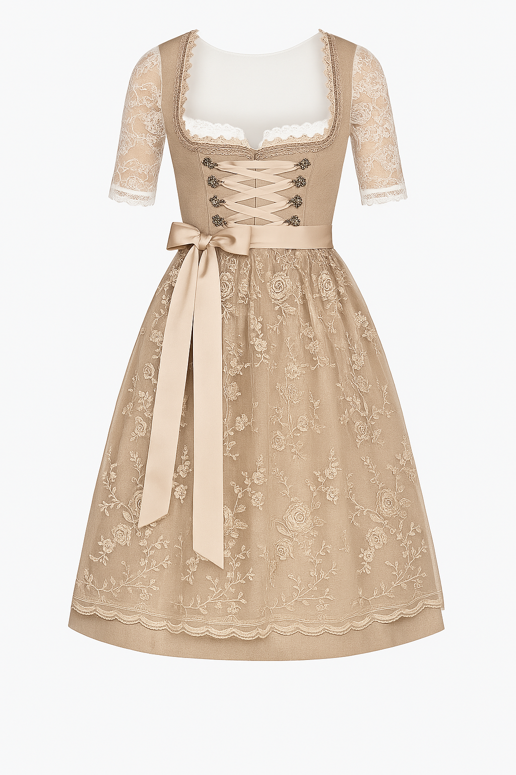 Damen Dirndl Trachtenkleid: Elegantes Midi-Dirndl mit Stickerei, Spitze und Schürze