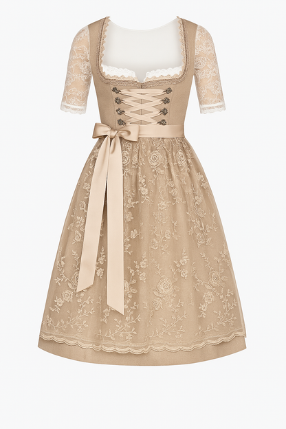 Damen Dirndl Trachtenkleid: Elegantes Midi-Dirndl mit Stickerei, Spitze und Schürze