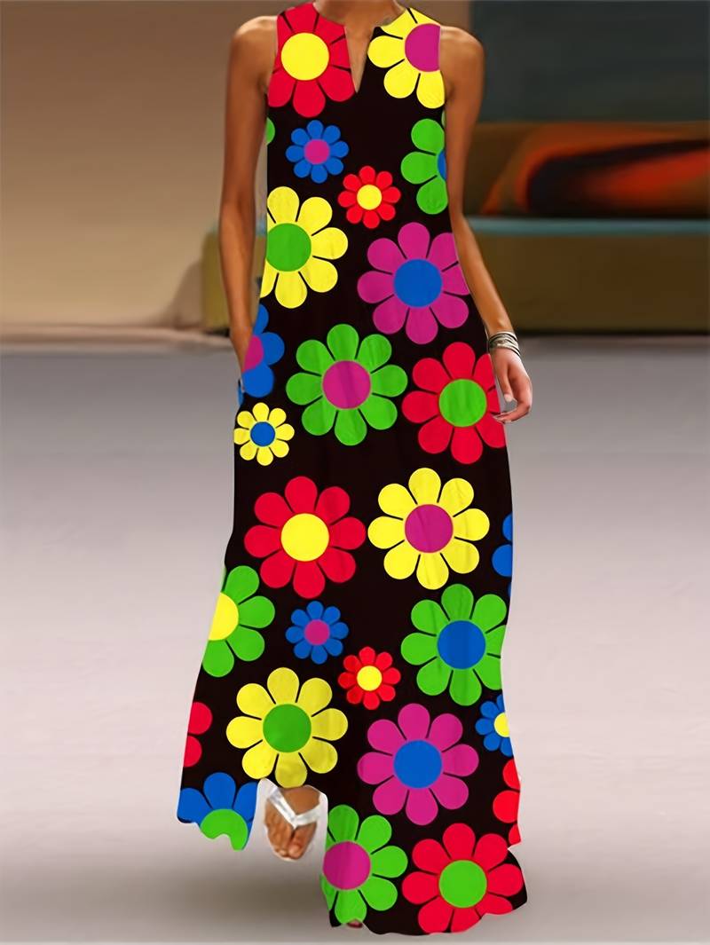 Palissonna - Damen Kleid Mit Blumenmuster Und Umgekehrtem Hals