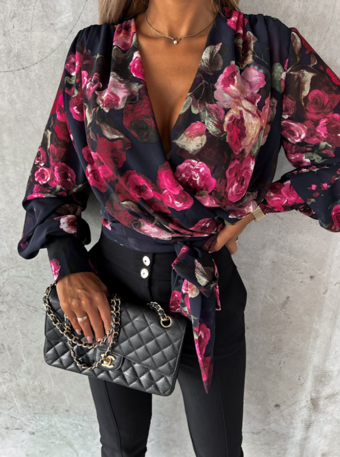 Stilvolle Frühlings-V-Ausschnitt-Bluse mit Puffärmeln - Mireille