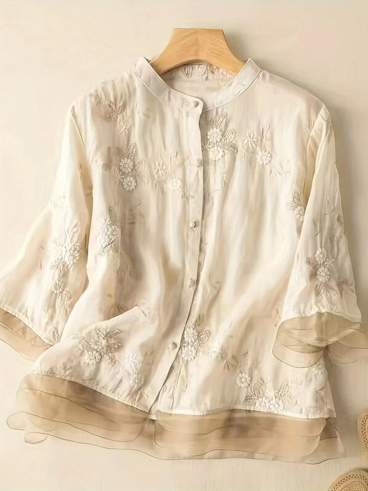 Blumenbluse | Eliza | Bestickt | Knopfverschluss | Frühling 2025 | Modisch