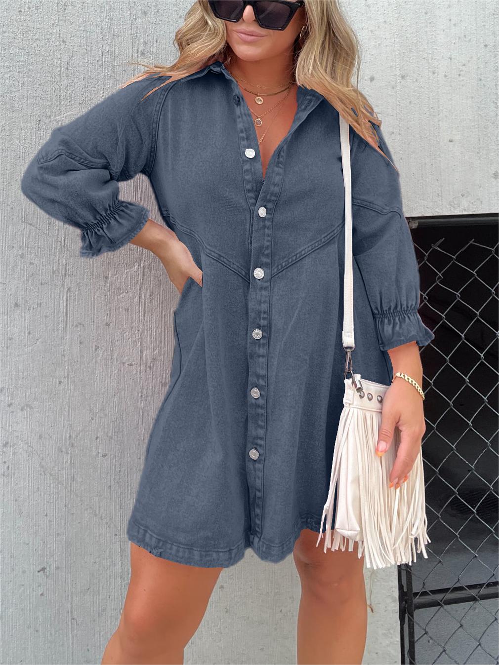 Denim Midi-Kleid für Frauen mit schickem Umlegekragen - Zorelyae