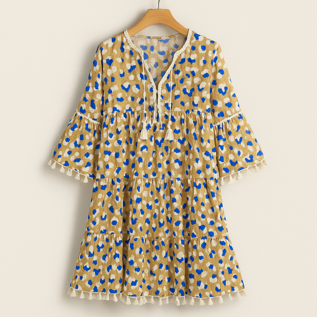 Boho Strandkleid Damen – Sommer Minikleid mit Quasten, Musterprint und 3/4-Ärmeln für Urlaub und Freizeit