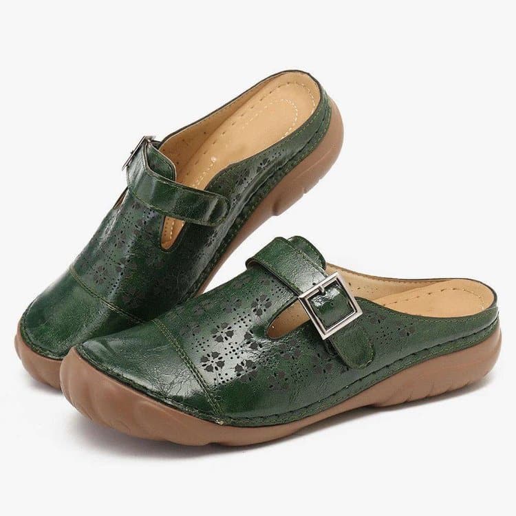Damen Vintage Clogs – Bequeme Leder-Pantoletten mit Schnalle und Blumenmuster