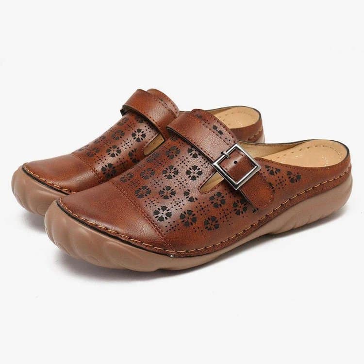 Damen Vintage Clogs – Bequeme Leder-Pantoletten mit Schnalle und Blumenmuster