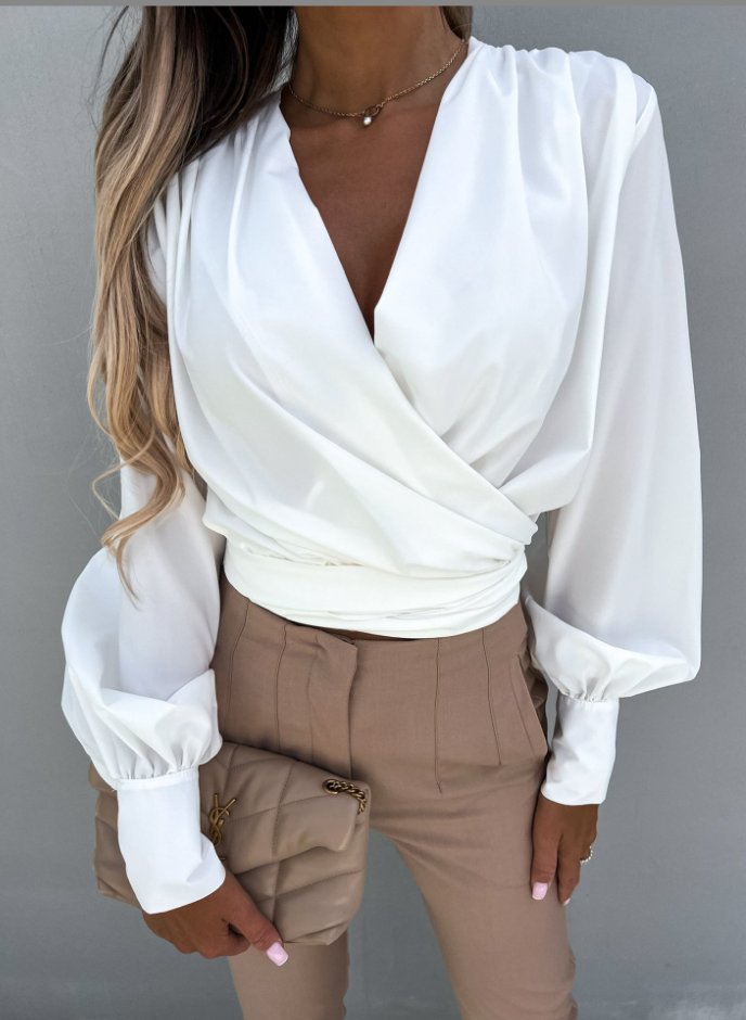 Stilvolle Frühlings-V-Ausschnitt-Bluse mit Puffärmeln - Mireille