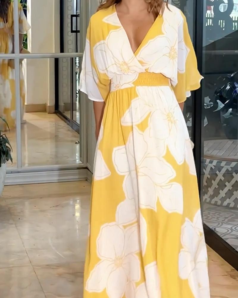 Damen Maxikleid mit V-Ausschnitt und Blumenmuster für den Sommer