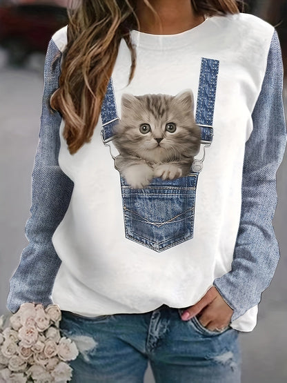 T-Shirt mit Katzenprint und trendigen Farbblock-Details für Sommer 2025 – Celeste