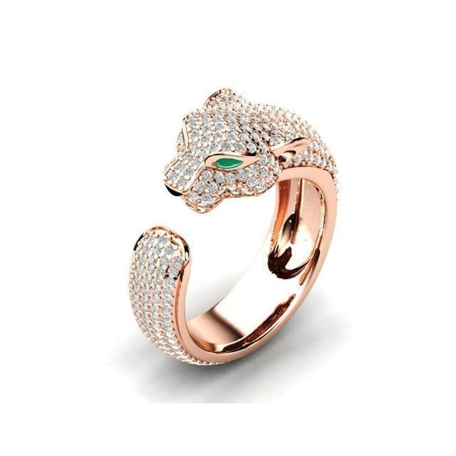 Verstellbarer Ring in 18K Silber und Roségold mit Grünen Zirkonia-Augen – Jaguar Ring