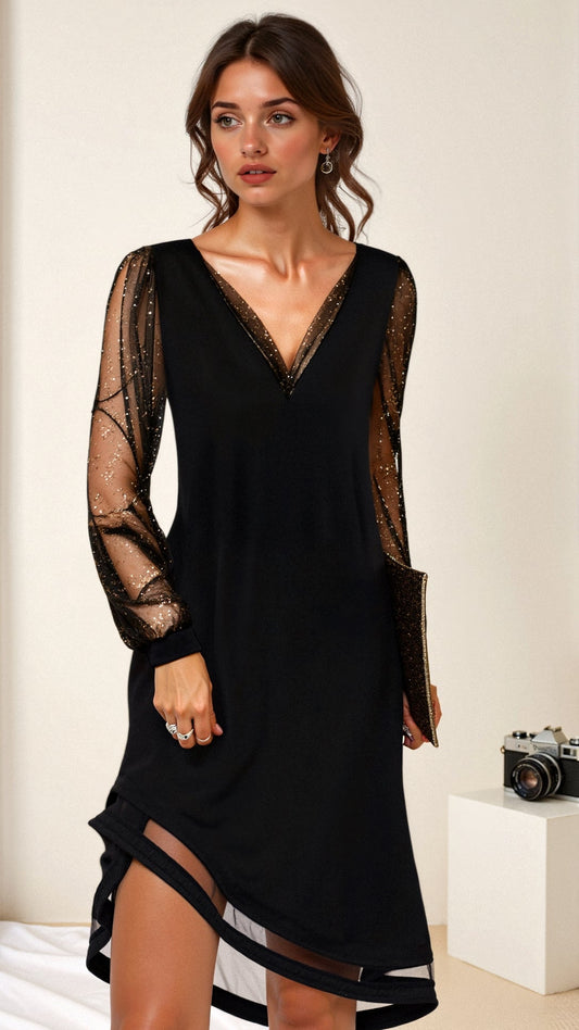 Damen-Minikleid mit langen Ärmeln und V-Ausschnitt für den Sommer