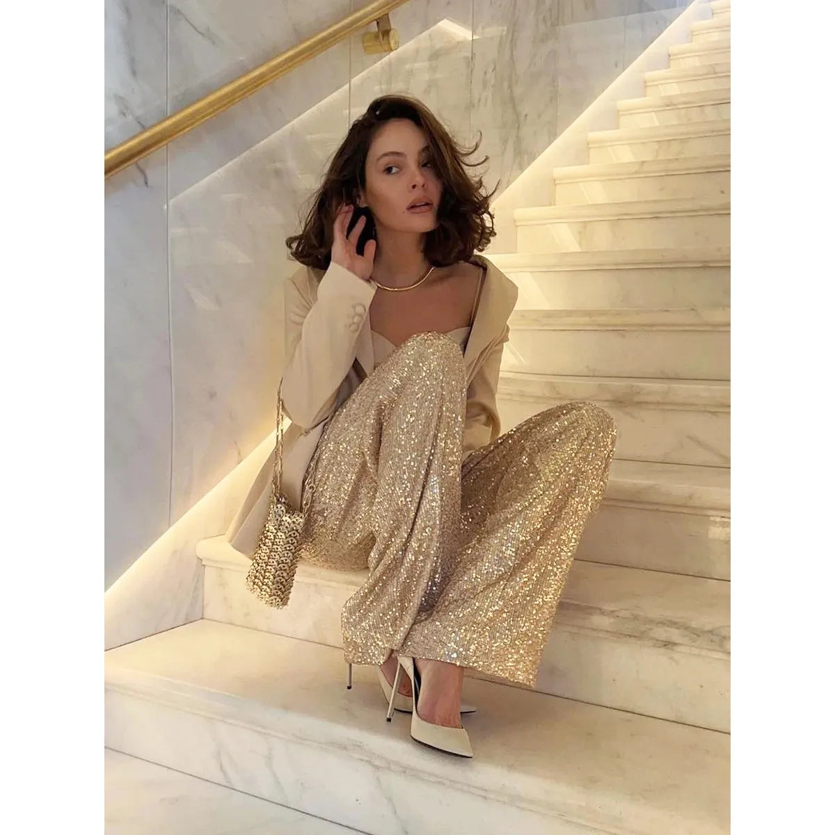 Paillettenhose Mit Hoher Taille Für Damen | Locker