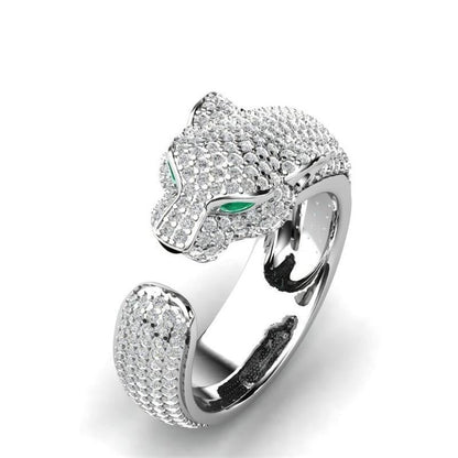 Verstellbarer Ring in 18K Silber und Roségold mit Grünen Zirkonia-Augen – Jaguar Ring