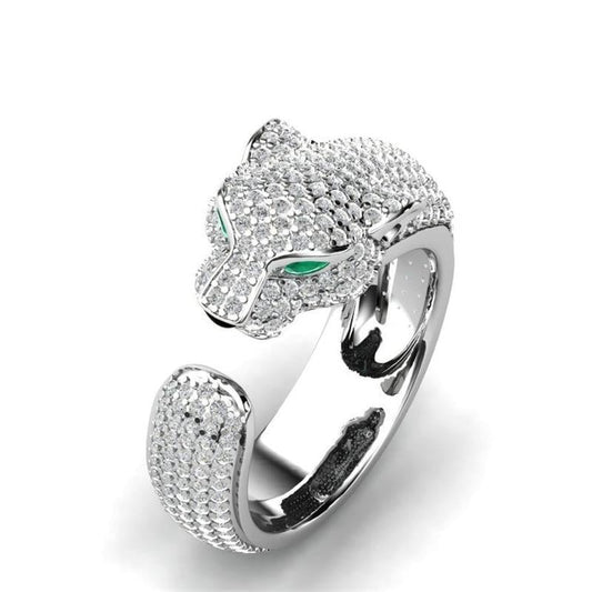 Verstellbarer Ring in 18K Silber und Roségold mit Grünen Zirkonia-Augen – Jaguar Ring