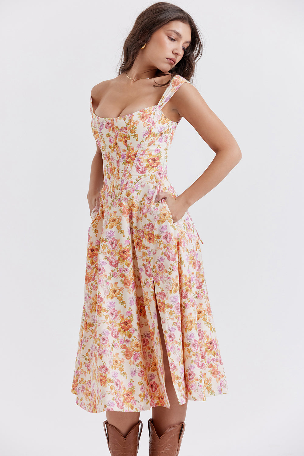 Amalie | Damen Geblümtes Midi-Sommerkleid