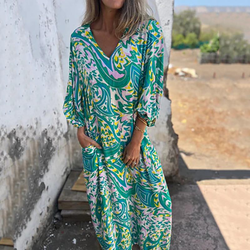 Almira – Boho Maxikleid mit abstraktem Print