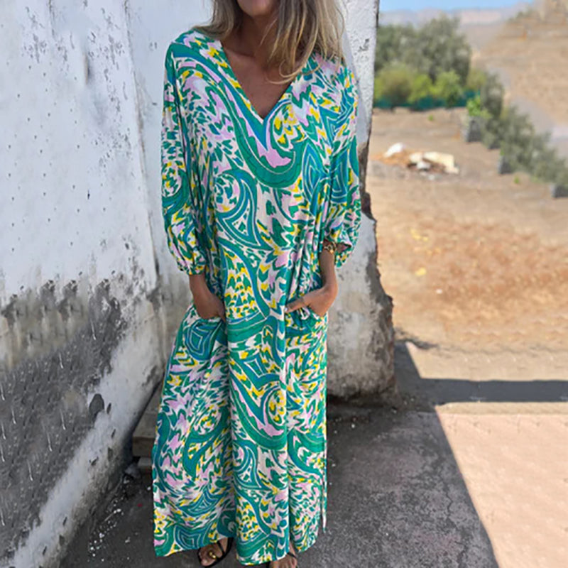 Almira – Boho Maxikleid mit abstraktem Print
