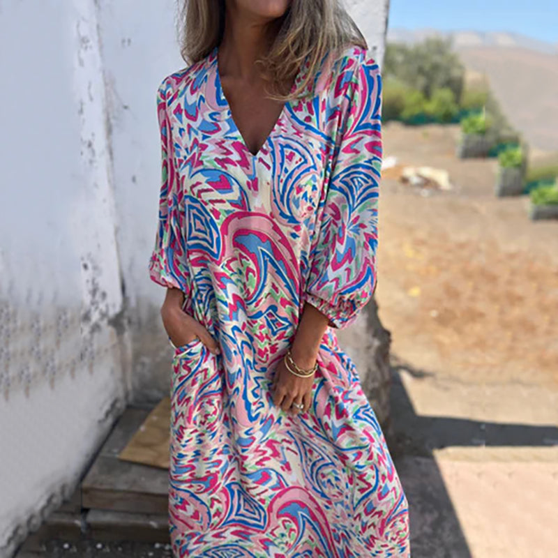 Almira – Boho Maxikleid mit abstraktem Print
