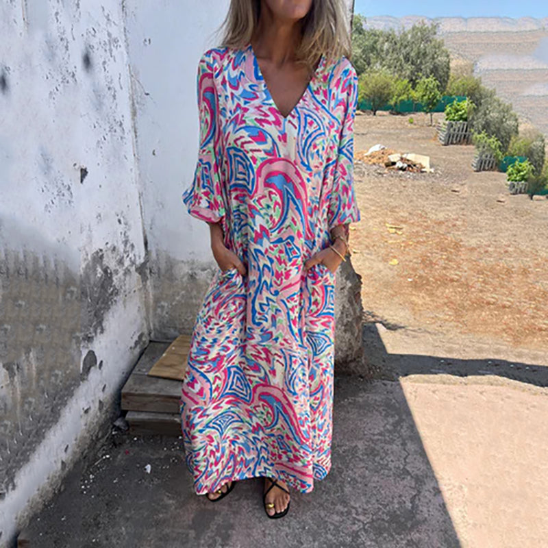 Almira – Boho Maxikleid mit abstraktem Print