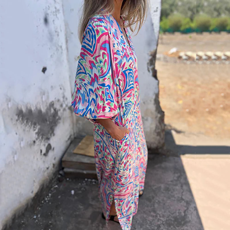 Almira – Boho Maxikleid mit abstraktem Print
