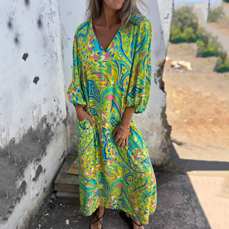 Almira – Boho Maxikleid mit abstraktem Print