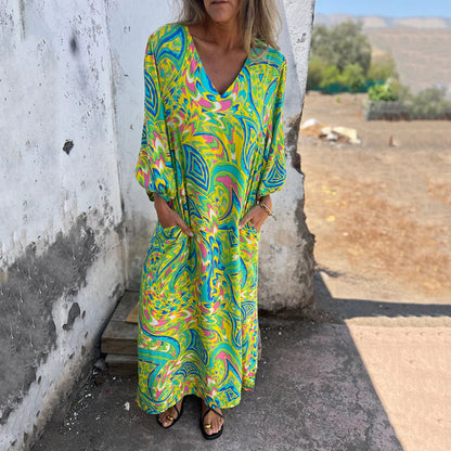 Almira – Boho Maxikleid mit abstraktem Print