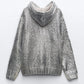 WW | Schicker Damen-Kapuzenpullover Mit Metallic-Rippbesatz Und Folie