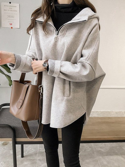 WW | Damen Hoodie Lässiger Wind Wolle Mittel Lang Pullover Hoodie