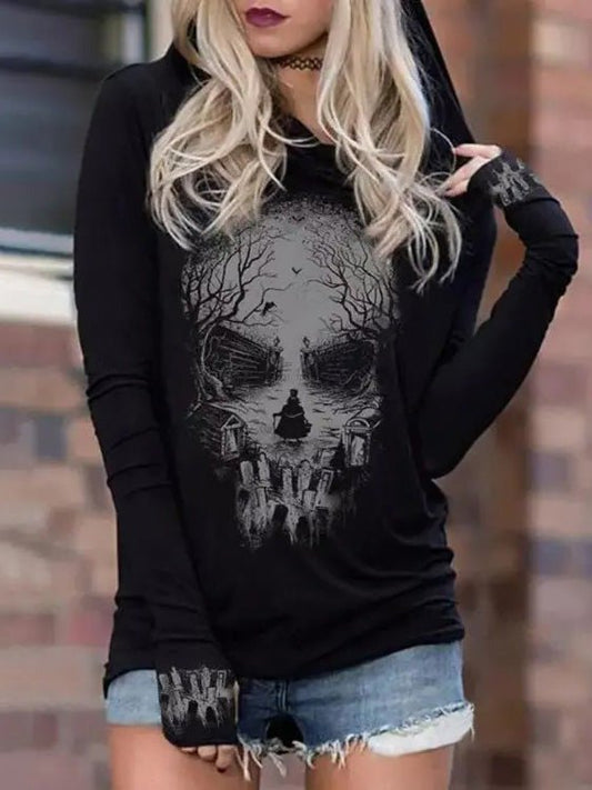 WW | Damen Kapuzenpullover mit Totenkopfprint Langarm Kapuzenpullover